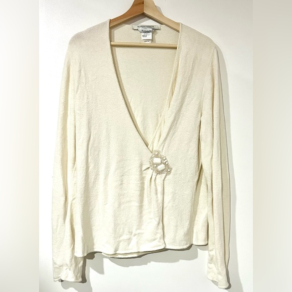 Marina Rinaldi Wrap Front Cozy Knit Long Sleeve‎ Jewel Accent Top in White - Picture 1 of 5